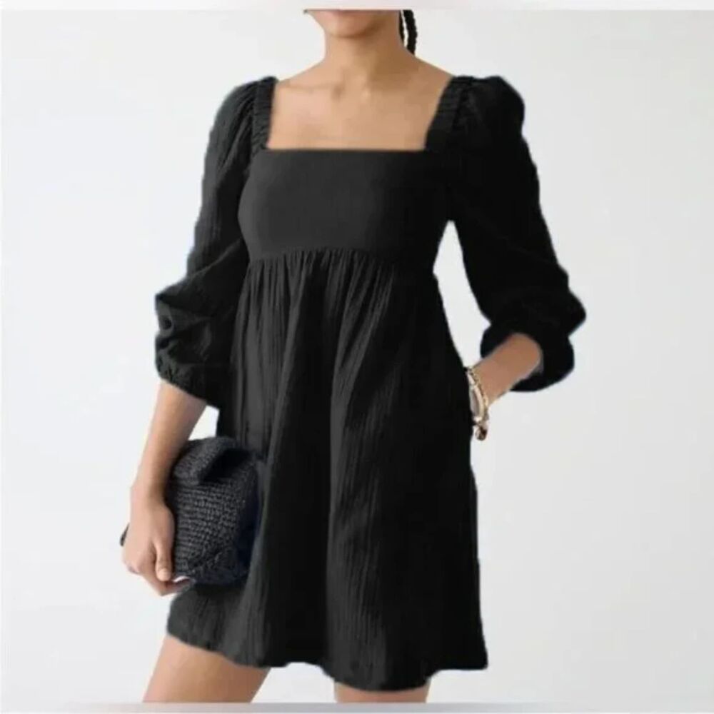 J. Crew Squareneck Soft Gauze Mini Dress, Black, Size M Tall, BH966
